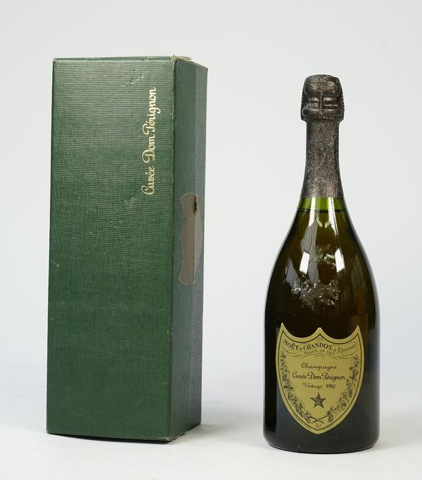 One bottle 1980 Dom Perignon vintage champagne, boxed.