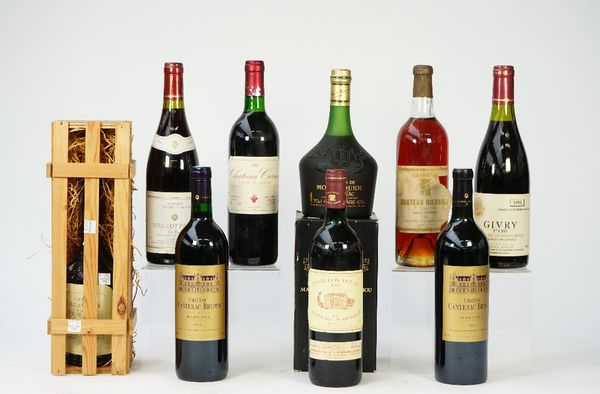 Nine bottles of mixed red wine, armagnac amd cognac, comprising; 1964 Grand Vin Chateau Rieussec Sauternes, 1996 Domaine L'Heritier-Guyot Vougeot 1er