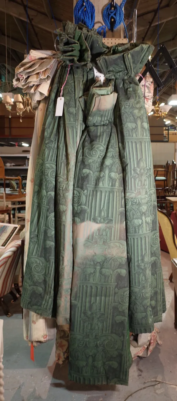 Curtains; comprising; three pairs of green lined and interlined curtains with classical design, each curtain 90cm wide x 190cm drop.   D3