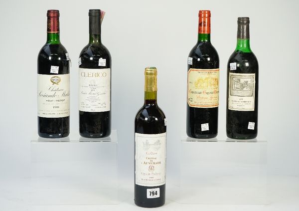 Five bottles of red wine, comprising; 1989 Clerico Barolo, 1993 Chateau Grand Monteil, 1989 Chateau Sociando Mallet Haut Medoc, 1999 Chateau de L'Aume