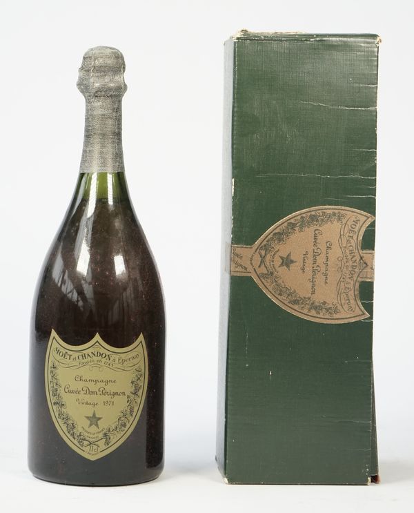 One bottle 1971 Dom Perignon vintage champagne, boxed.