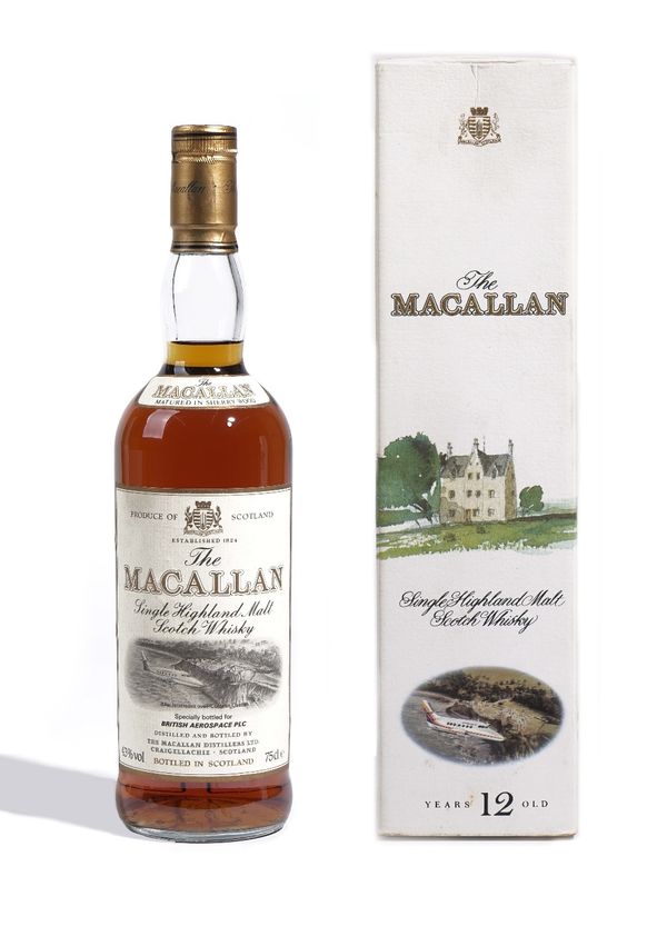 One bottle of The Macallan 12 year old single Highlands malt Scotch whisky, specially bottled for British Aerospace PLC, depicting a BAE Jetstream ove