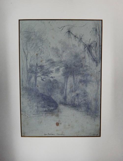 A group of assorted 19th and 20th century drawings and watercolours, including a view of Australian scenery by Conrad Martens; three sketches by Dougl