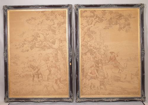 An early 20th century framed tapestry depicting lady's hunting, 108cm wide x 153cm long and another similar. B5