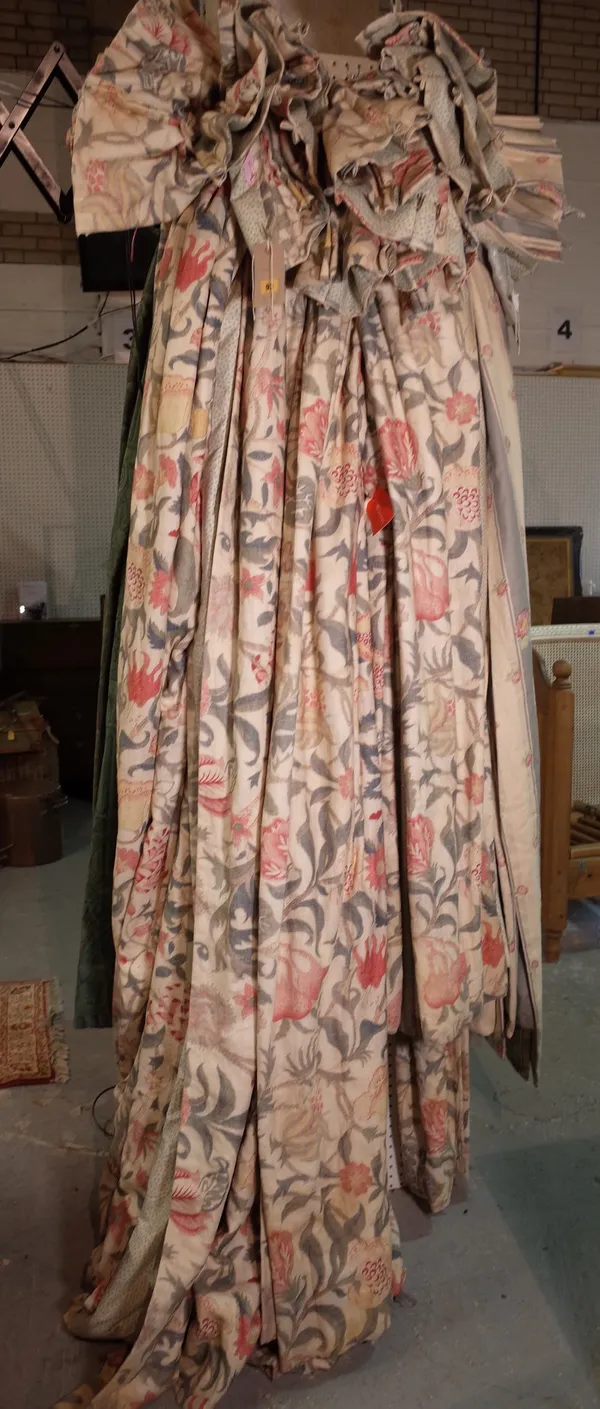 Curtains; three pairs of matching lined curtains, cream ground and all over floral decoration, 210cm x 255cm drop, 85cm wide x 200cm drop and 85cm wid