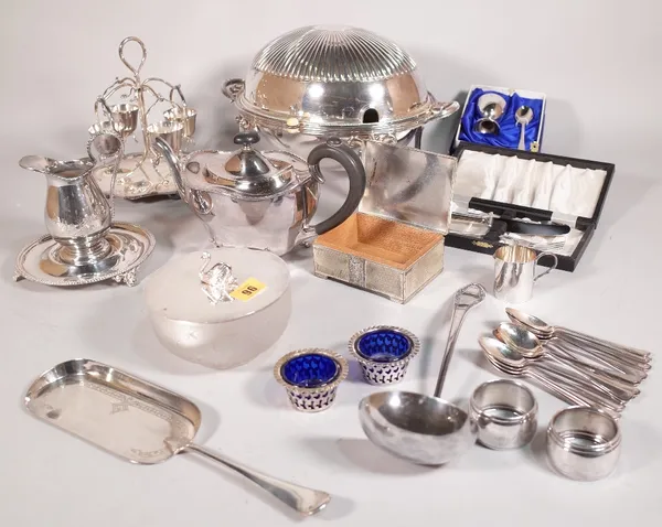 Silver plated items, including; a tureen, an egg stand, a ladle, a napkin ring, a jug and sundry, (qty).  S5M