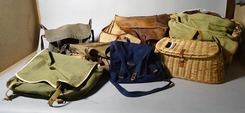 Fishing equipment;  vintage tackle bags and creels, one creel bag combo some bags with contents, fly boxes and tackle, Wheatley and Allcocks, (qty).