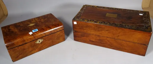 A Victorian walnut and mother of pearl inlaid writing slope, 35cm, wide x 15cm high, and a later walnut and brass inlaid writing slope, 46cm wide x 18