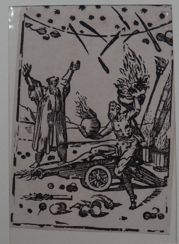 Domenico Beccafumi (1484-1551), The effects of gunpowder, from The Various Operations of Alchemy, woodcut, unframed, 17.5cm x 11.5cm.