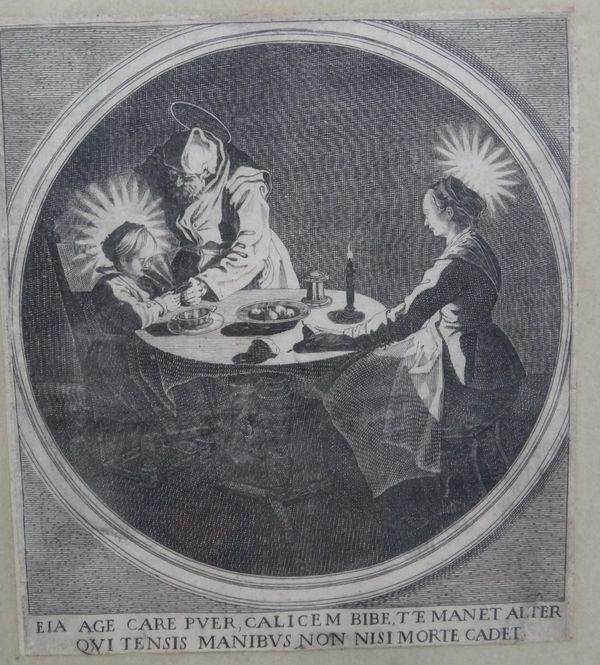 After Jacques Callot, The holy family at a table, engraving, 19cm x 16.5cm.