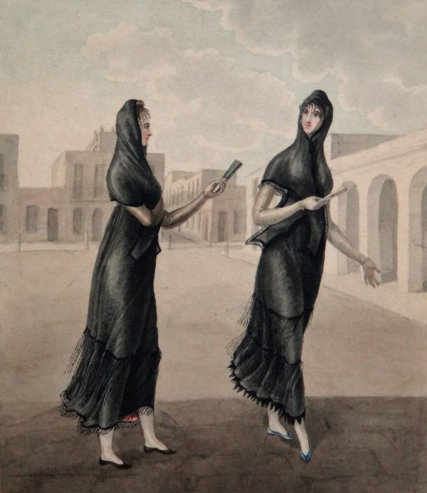 Spanish School (19th century), Two Senoritas in a town square, watercolour, unframed, 198cm x 16cm.