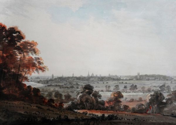 Circle of William Turner of Oxford, Distant spires of Oxford, watercolour, unframed, 33.5cm x 47.5cm.