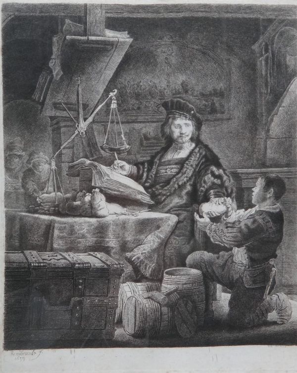 After Rembrandt van Rijn, The Gold Weigher; The beheading of John the Baptist, two etchings, the larger 24cm x 20cm.(2)