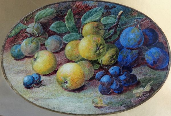 Vincent Clare (1855-1930), Still life of fruit; Still life of blossom and birds nest, a pair, watercolour, oval, both signed, each 15cm x 22cm.