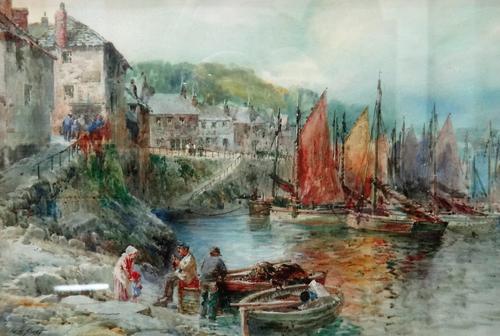 Walter Henry Sweet (1889-1949), Harbour scene; Clovelly; Country Church; At the Cottage door, a group of four watercolours, all signed, the largest 34