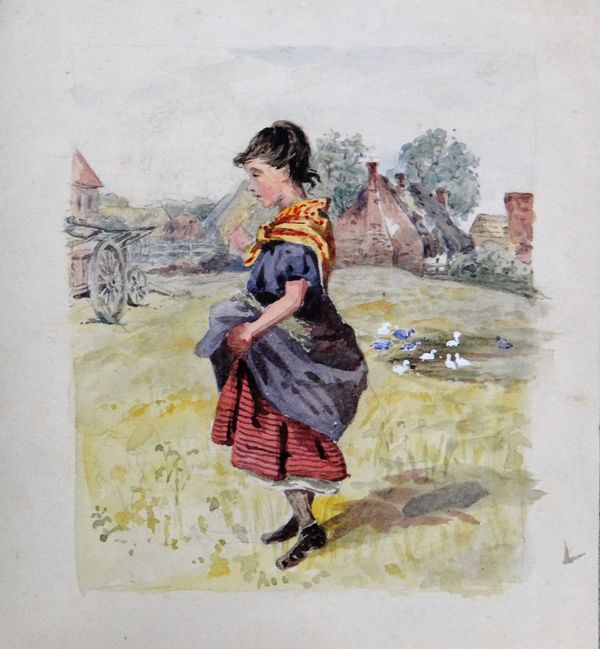 Attributed to Kate Greenaway (1846-1901), Study of a Gypsy girl by a village, watercolour, 14cm x 12cm,. together with a further twelve pencil sketche