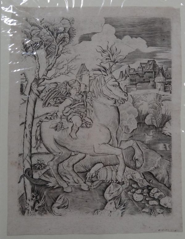 Monogrammist A. F., The Winged Genius on horseback (Bartsch XV.536. 2), engraving, circa 1600's, unframed, 18cm x 24cm.