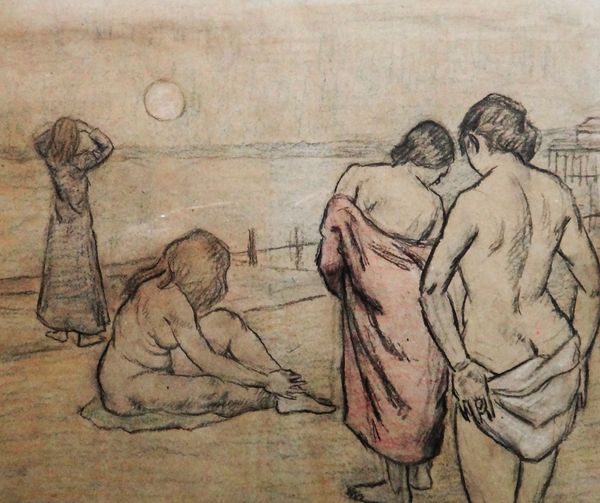 Clifford Hall (1904-1973), Four figures on the beach, pencil and coloured chalk, dated 1972, 25.5cm x 30cm; together with a charcoal and white chalk d