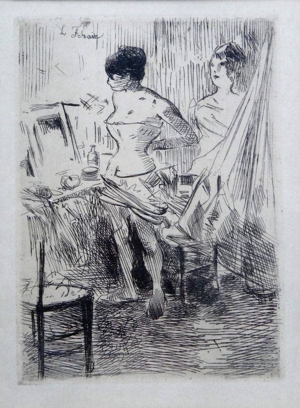 Jean Louis Forain (1852-1931), Bar scene; Dressing room, a pair of etchings, each 16cm x 11.5cm.(2)