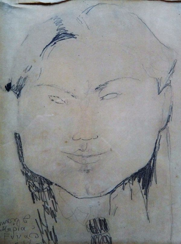 Circle of Amadeo Modigliani, Head study, pencil, indistinctly inscribed, 26cm x 20cm.