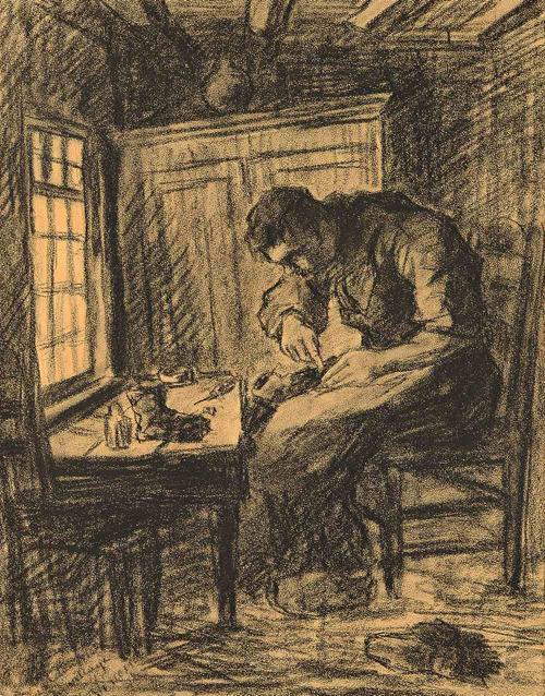 Manner of Vincent van Gogh, The Shoemaker, charcoal, bears a signature, 53.5cm x 42cm. Illustrated.