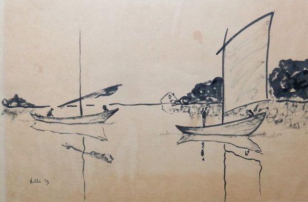 Follower of Emil Nolde, Boats, monochrome watercolour, bears a signature and date '13, unframed, 46cm x 69cm.