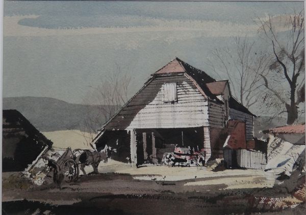 Rowland Hilder (1905-1993), South Downs Barn, watercolour, pen and ink, signed, 24.5cm x 34cm. ARR