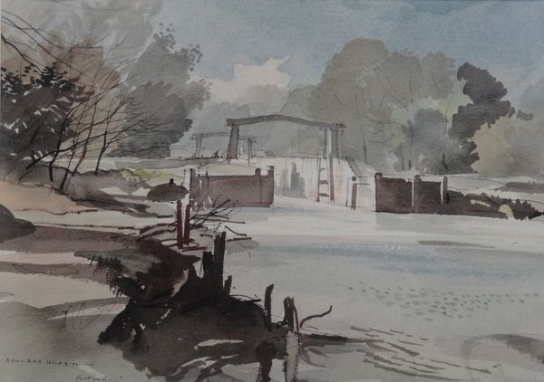 Rowland Hilder (1905-1993), Lock, Flatford on Stour, watercolour, pen and ink, signed and inscribed, 22.5cm x 32cm. ARR