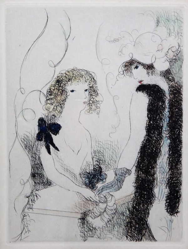 Marie Laurencin (1883-1956), A group of three colour etchings, the larger pair 19.5cm x 14.5cm.; together with an ink and wash sketch attributed to th