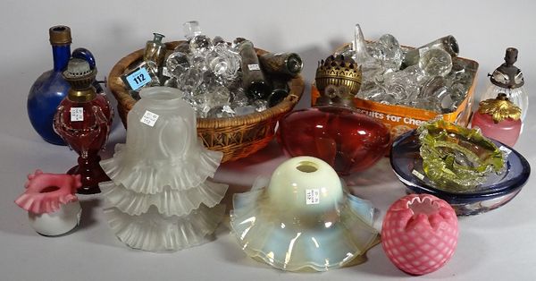 Glassware, including; mainly 20th century cut glass decanter stoppers, a pair of vaseline glass shades, three frosted glass shades and sundry, (qty).