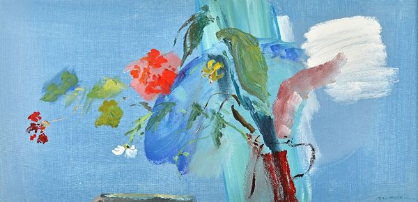 John Hitchens (b.1940), Blue Shade, Daisy White, oil on canvas, signed, further signed on reverse, inscribed on stretcher, 44cm x 89cm. ARR Illustrate