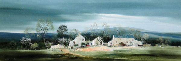 Michael D Barnfather (b. 1934) Storm brewing, Welsh farm near Ystradfellte, oil on canvas, signed and dated '82, 36.5cm x 105cm. ARR