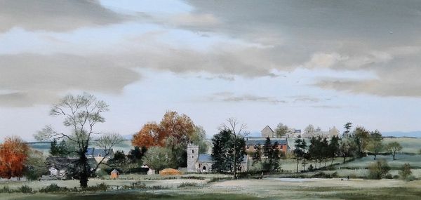 Michael D Barnfather (b. 1934) Sunday afternoon at Winterbourne Zelstone, oil on canvas, signed, 36cm x 75cm. ARR