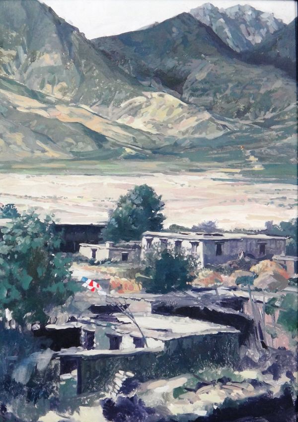 Hector McDonnell (b.1947), Mountains and houses, Sanye, oil on board, 35cm x 24.5cm. ARR