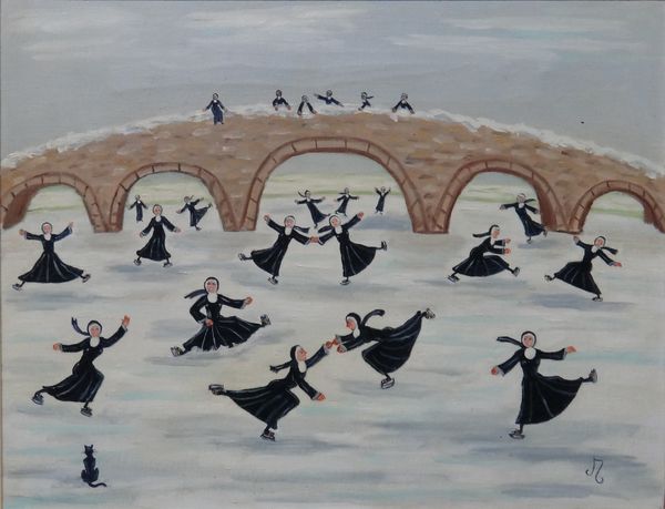 Mary Raymond (Mrs Henry Elliott-Blake, 20th century), Nuns skating, oil on canvas, signed with monogram, 35cm x 45cm. ARR