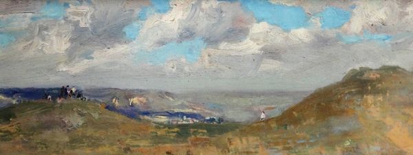 Alexei Sokolov (1912-?), Crimean landscape, oil on board, 17cm x 40.5cm.; together with two further Russian oils: Mordovian woman and boy; The Tractor