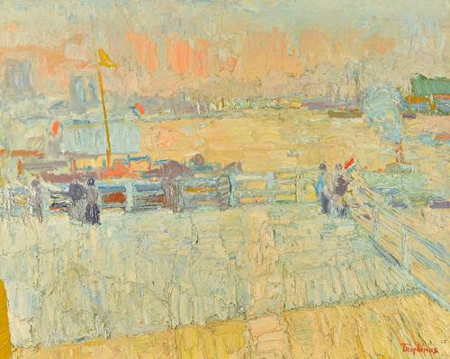 Jacques Truphemus (b.1922), Dutch Port scene at sunset, oil on canvas, signed, 71cm x 89.5cm. ARR Illustrated.