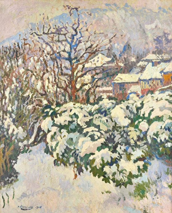 Paul Elie Gernez (1888-1948), Snow scene, oil on board, signed and dated 1916, 64cm x 52cm. Illustrated.