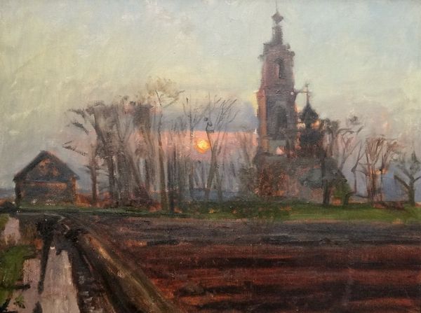 Ivan Dmitriyev (b.1958), Landscape with church at sunset, oil on canvas, signed on the reverse, 52cm x 70cm.