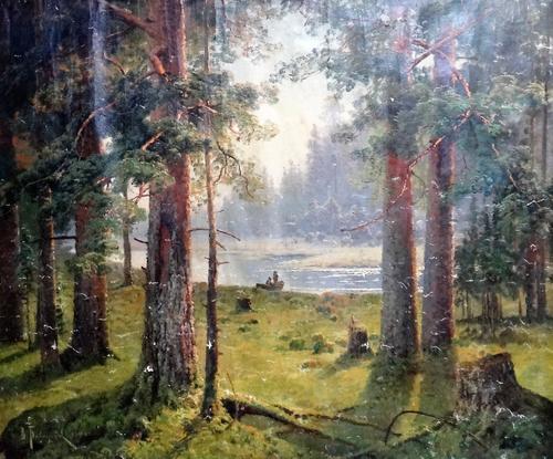 B** Padaquibe (early 20th century), Wooded river scene with figures in a boat, oil on canvas, unframed and unstretched, indistinctly signed and dated