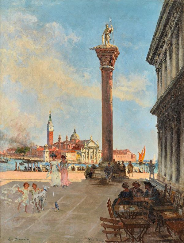 Edmond Louis Dupain (1847-1933), San Giorgio Maggiore from the Piazetta San Marco, Venice, oil on canvas, signed, 64cm x 49cm. Illustrated.