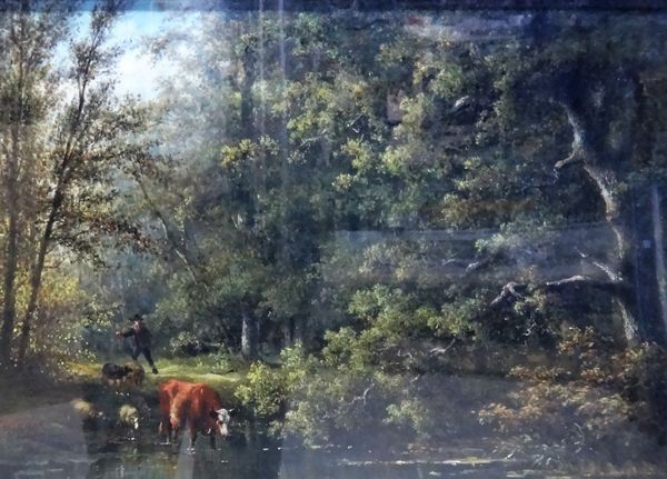 C. J. de Vogel (19th century), after Eugene Verboeckhoven, Cattle and drover by a river in the woods, oil on canvas, signed and inscribed, 34cm x 48cm