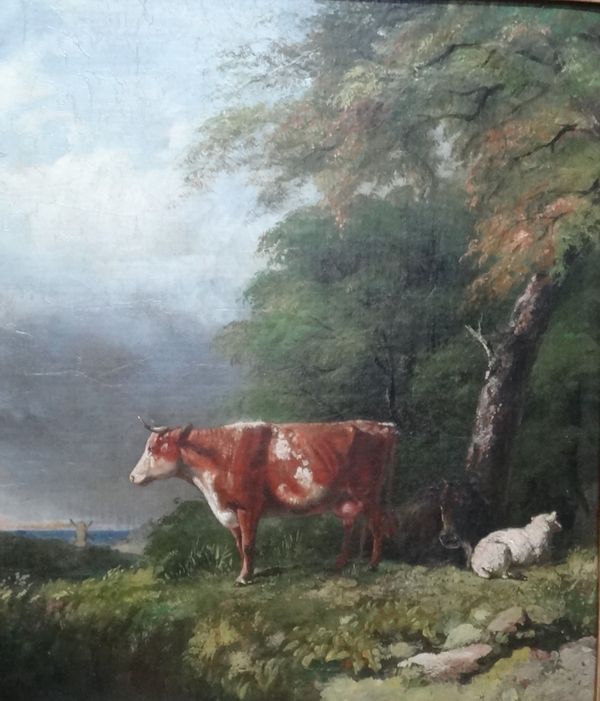 English School (19th century), Cattle and sheep in a landscape, oil on canvas, 33.5cm x 28.5cm.