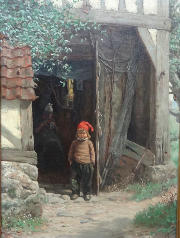 Attributed to Hubert von Herkomer (1849-1914), Boy at a cottage door, oil on canvas, signed and dated 1889, 38cm x 27cm.