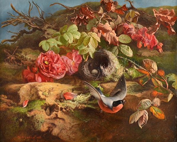 Theude Gronland (1817-1876), Still life of flowers, foliage and birds nest with bullfinch, oil on panel, signed and dated 1861, 37cm x 45.5cm. Illustr