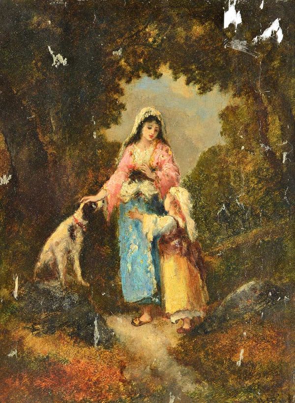 Follower of Narcisse Virgile Diaz de la Pena, Mother, child and dog on a wooded path, oil on panel, bears a signature, 34cm x 25cm. Illustrated.