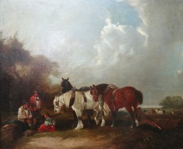 Circle of William Shayer, The Plough Team, oil on canvas laid on board, 62cm x 75cm.