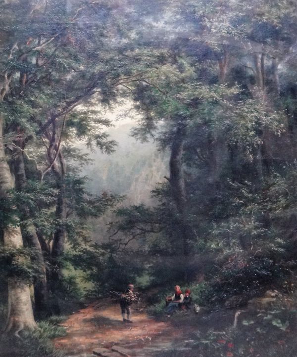 J Volckart (19th century), Faggot gatherers in a wood, oil on canvas, signed, 77cm x 66cm.