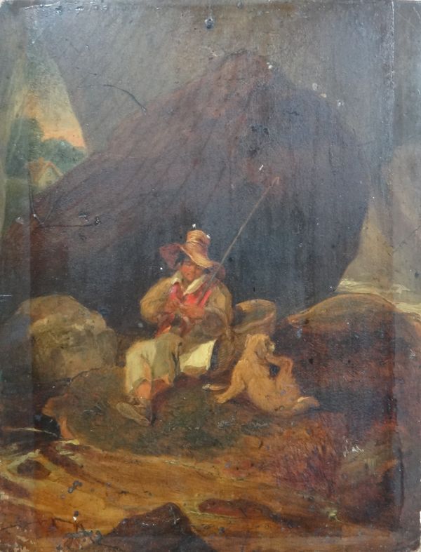 English School (19th century), Fisher boy and his dog seated by a rock, oil on panel, unframed, 23cm x 17.5cm.