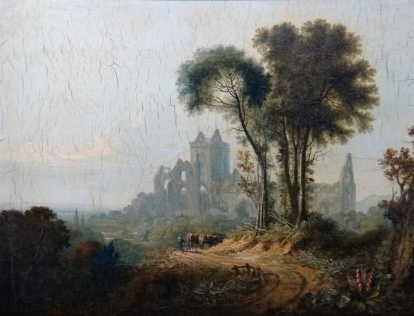 Circle of David Roberts, Sweatheart Abbey, Dumfriesshire, oil on panel, inscribed on label on reverse, 36cm x 47cm.